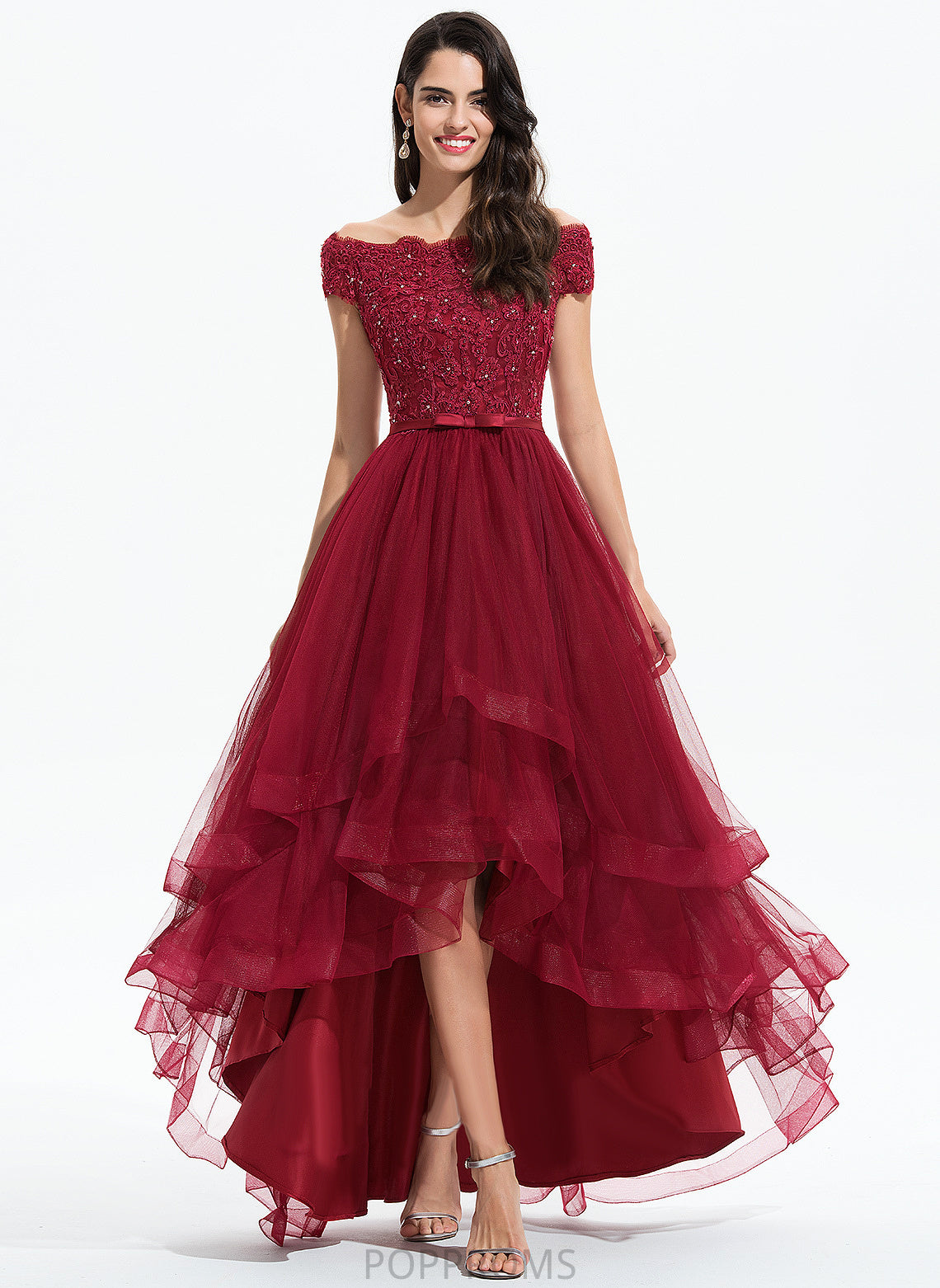 Off-the-Shoulder Asymmetrical A-Line Dress Parker Lace Tulle Cocktail Beading With Lace Cocktail Dresses Bow(s)