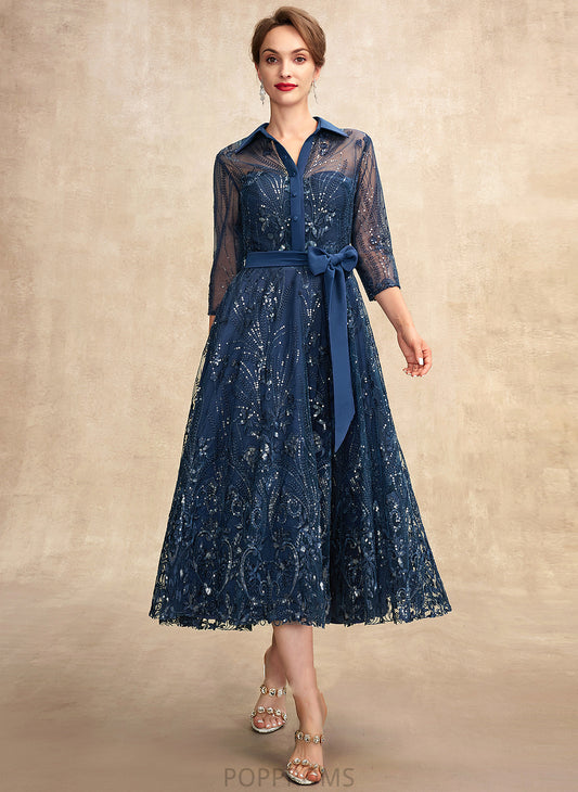 Bride of Mother of the Bride Dresses Mother V-neck Dress Chiffon A-Line Sequins Monique Bow(s) Lace the Tea-Length With