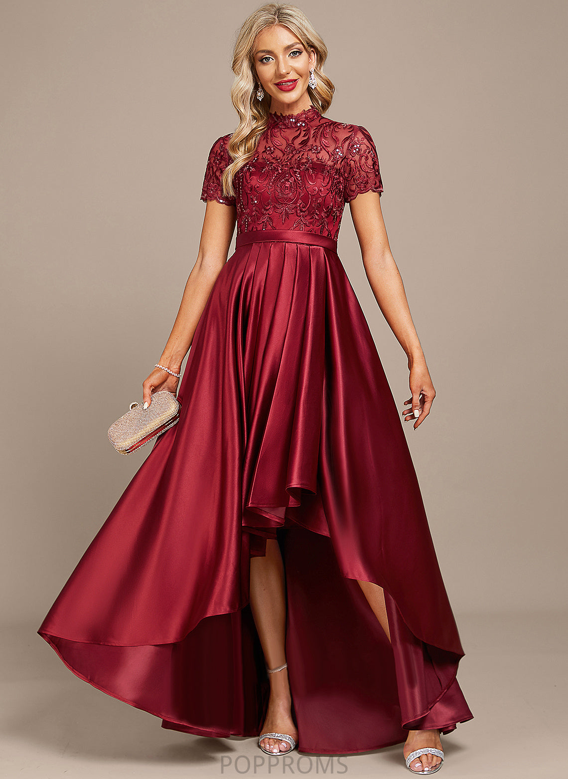 Daisy A-Line Dress Ruffle Sequins Asymmetrical Cocktail Neck With Lace High Satin Cocktail Dresses