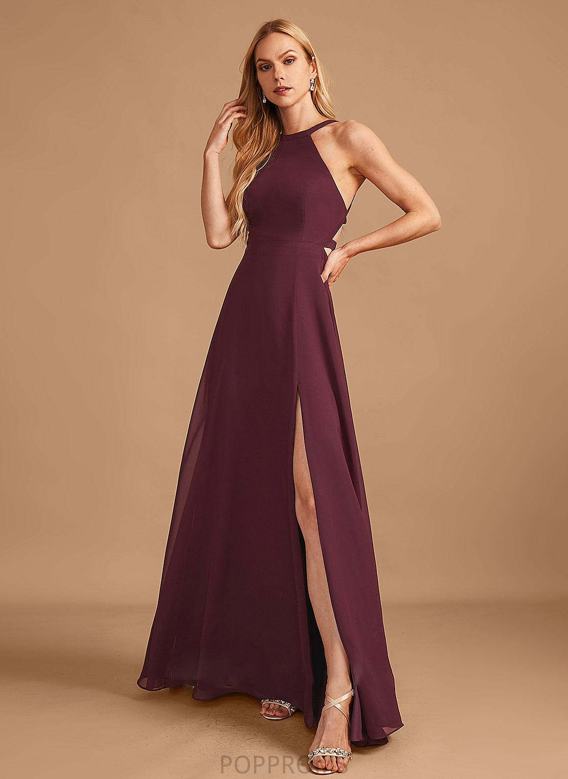 Fabric Floor-Length Silhouette A-Line Length HighNeck Embellishment SplitFront Neckline Evangeline Spaghetti Staps Natural Waist Bridesmaid Dresses