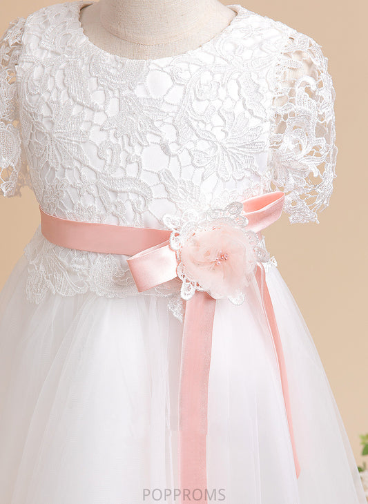 Sash/Flower(s) Sleeves A-Line Flower Girl Dresses Tulle/Lace Dress - Neck Flower Short Scoop Karen Knee-length With Girl