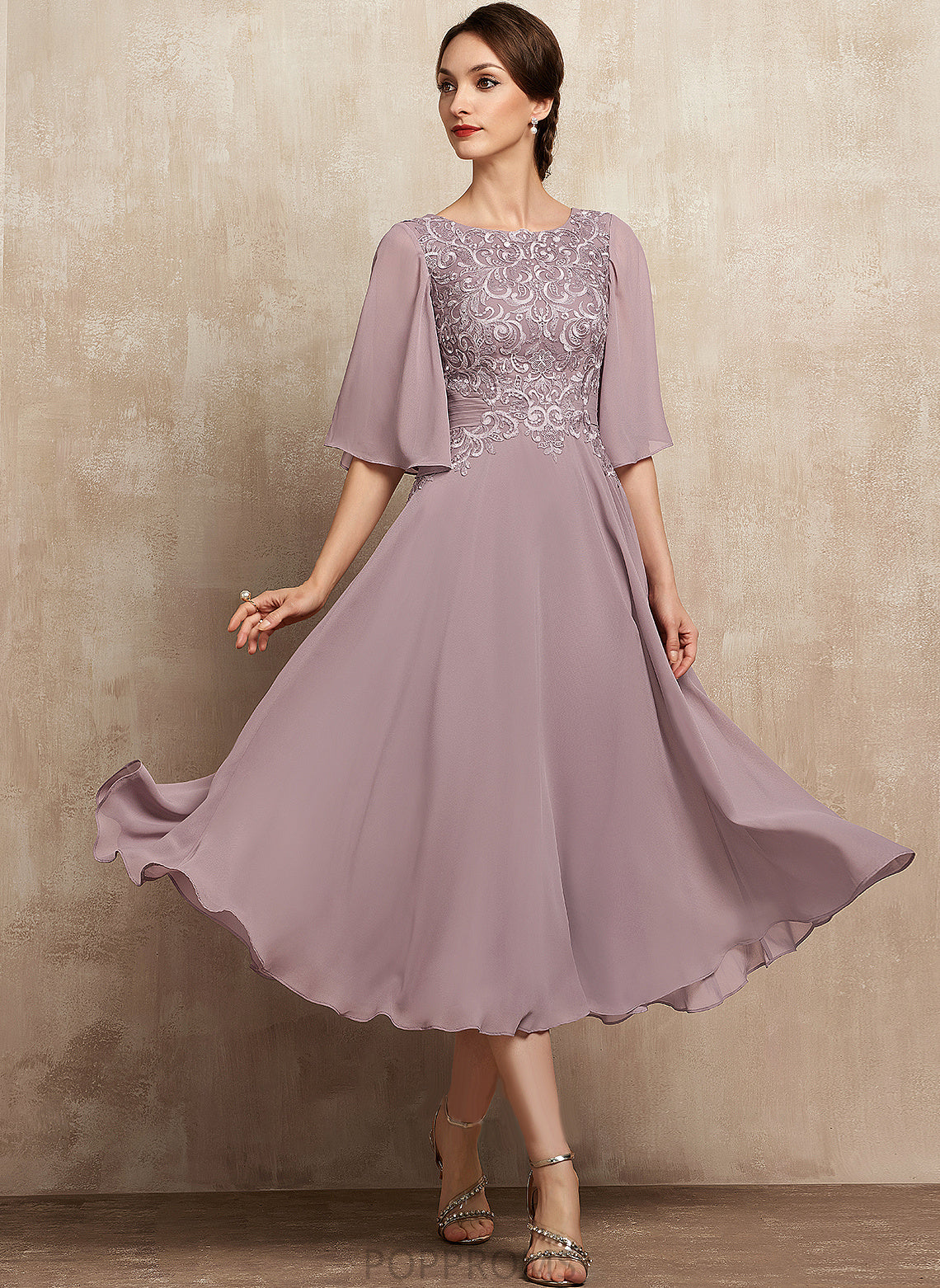 Scoop Bride Mother of the Bride Dresses Chiffon Kathleen Mother the A-Line Lace Neck Tea-Length Dress of