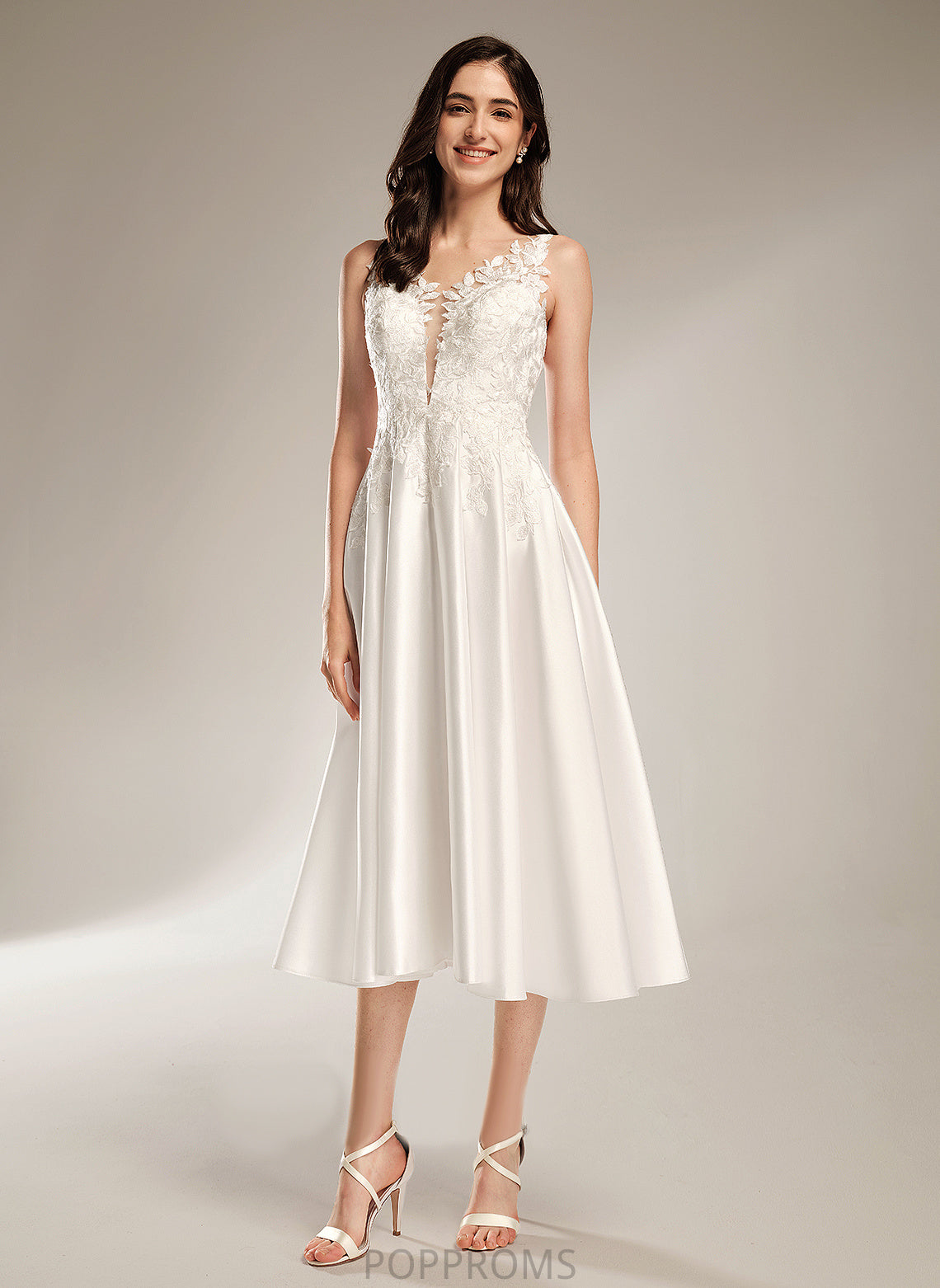 Dress V-neck Alma Lace Satin A-Line Wedding Tea-Length Wedding Dresses