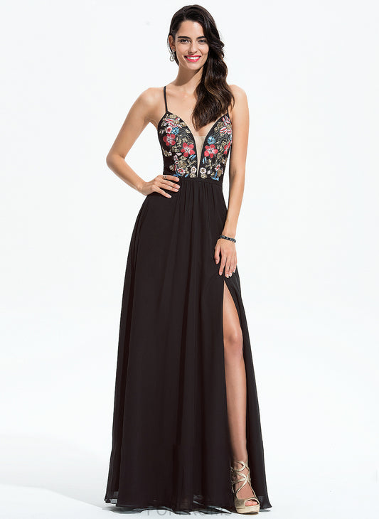 Chiffon Lace Sequins With Floor-Length Prom Dresses Cecelia A-Line V-neck