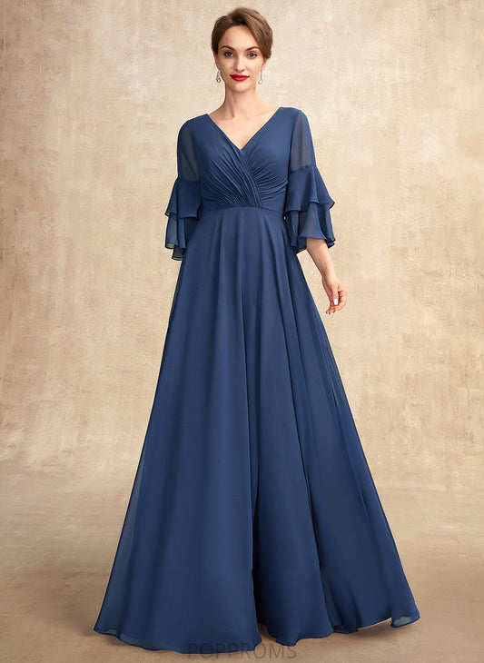 Bride Floor-Length of the With Ruffles V-neck Mother A-Line Chiffon Adriana Mother of the Bride Dresses Dress Cascading