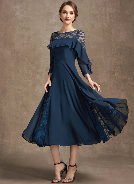 Cascading Tea-Length Ruffles With of Scoop Neck Mother of the Bride Dresses Dress Chiffon Carla Mother A-Line the Bride Beading Lace