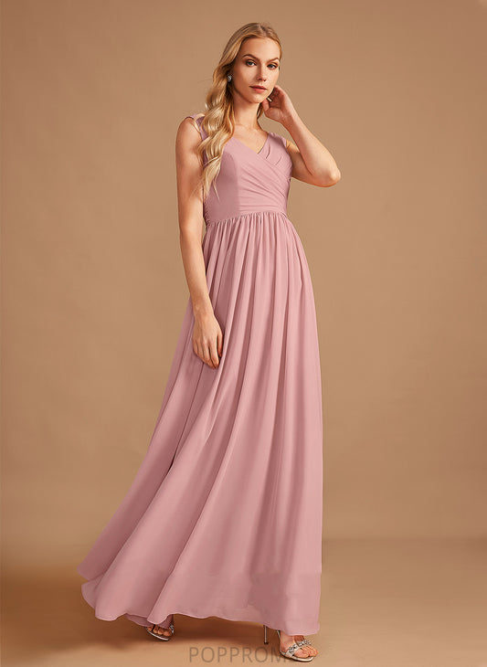 A-Line Length V-neck Silhouette Embellishment Fabric Neckline Ruffle Floor-Length Bow(s) Pat Sleeveless Bridesmaid Dresses