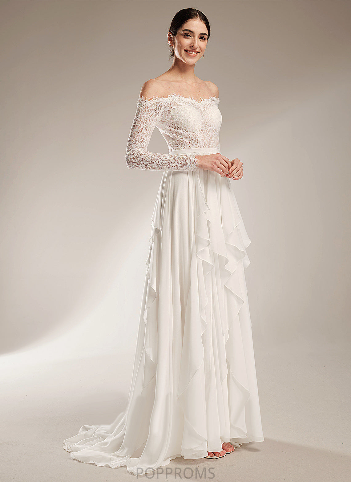 Yazmin Off-the-Shoulder Dress Lace A-Line With Wedding Ruffle Wedding Dresses Train Chiffon Court