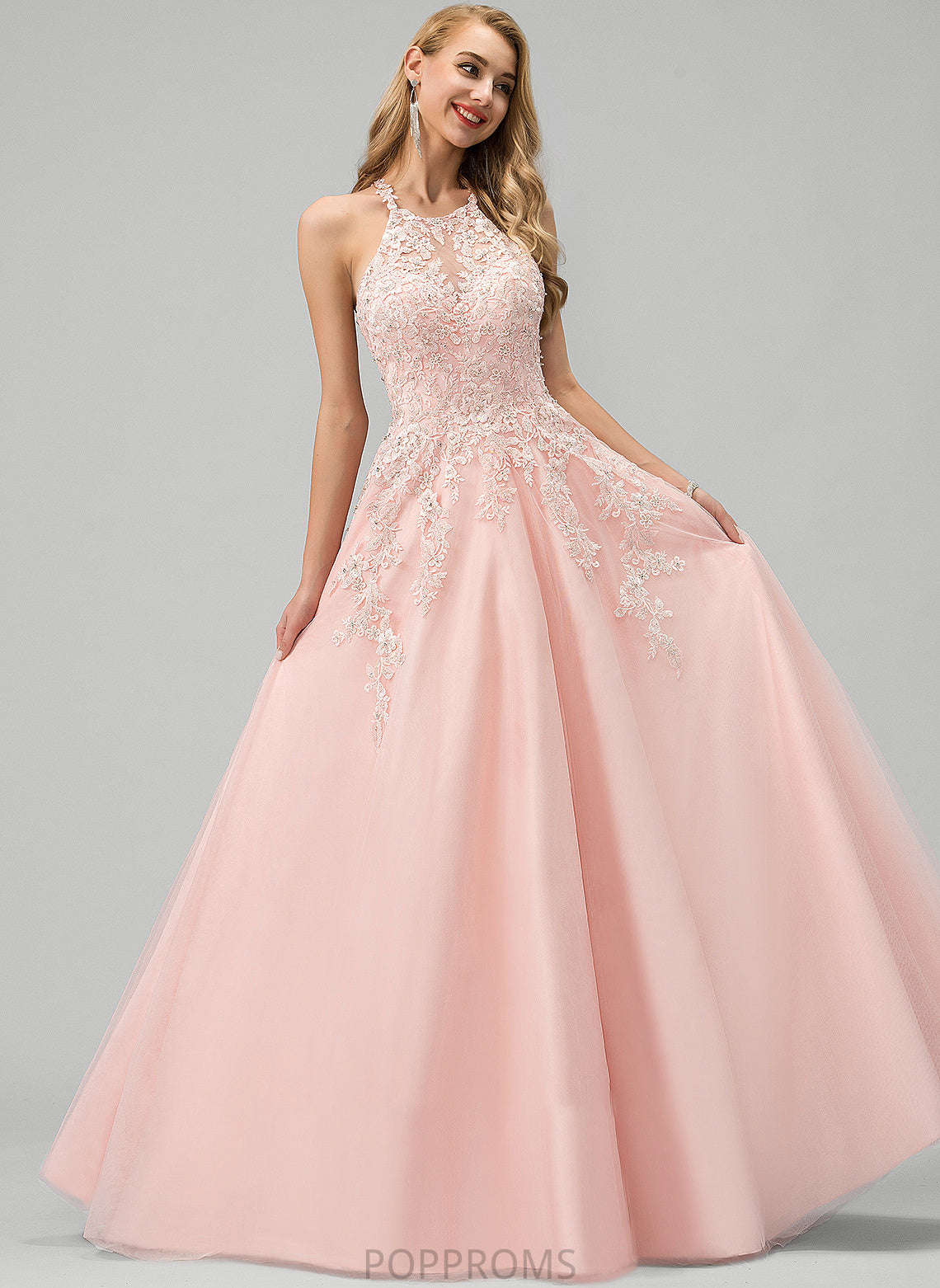 Scoop Tulle Angela Neck Floor-Length Ball-Gown/Princess Lace Sequins Prom Dresses With Beading