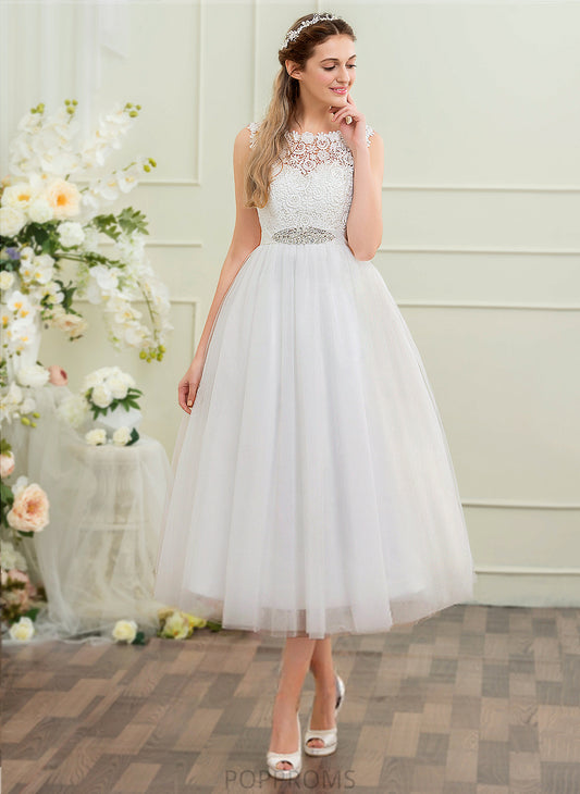 Ball-Gown/Princess Beading Sequins Tulle Wedding Lace Dress Alia Tea-Length Satin With Wedding Dresses