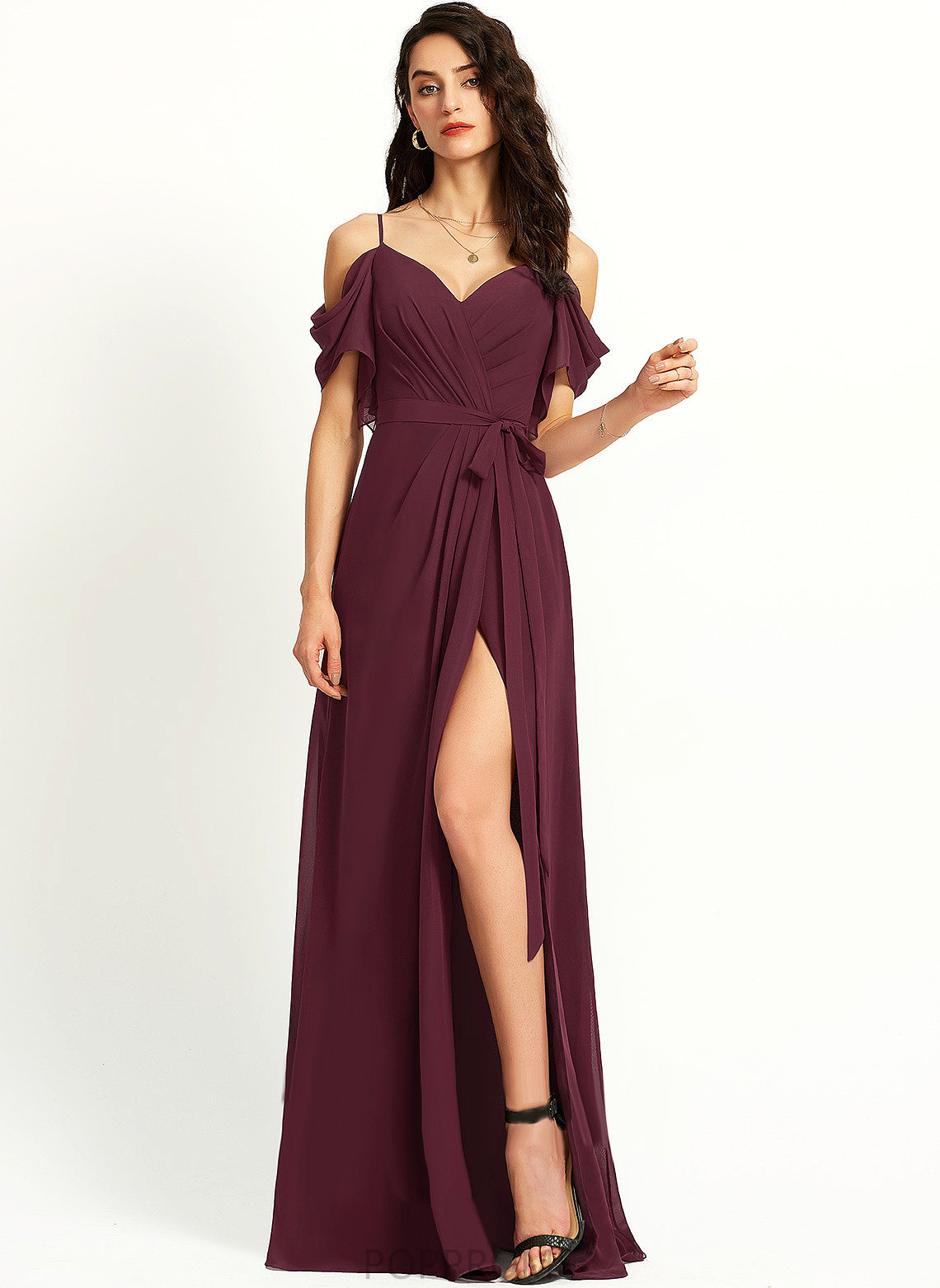 Floor-Length V-neck With Chiffon Prom Dresses Ruffle Jasmin A-Line