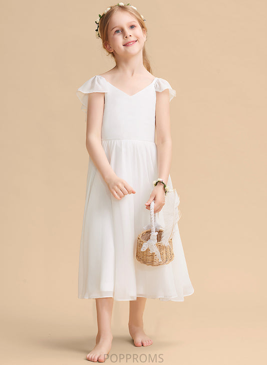 Flower Girl Dresses Sleeveless Chiffon/Satin Tea-length Dress Girl Flower - A-Line V-neck Madilyn