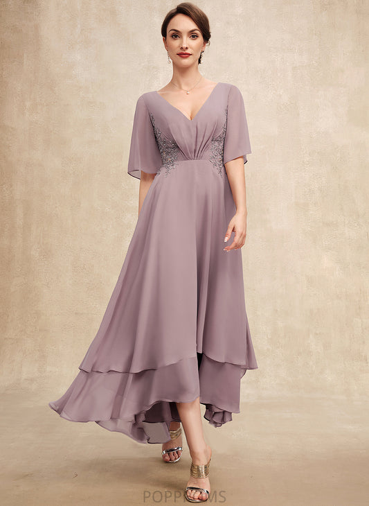 Ruffle the Asymmetrical Bride Chiffon Jasmin A-Line Mother Dress Lace Beading With Mother of the Bride Dresses of V-neck