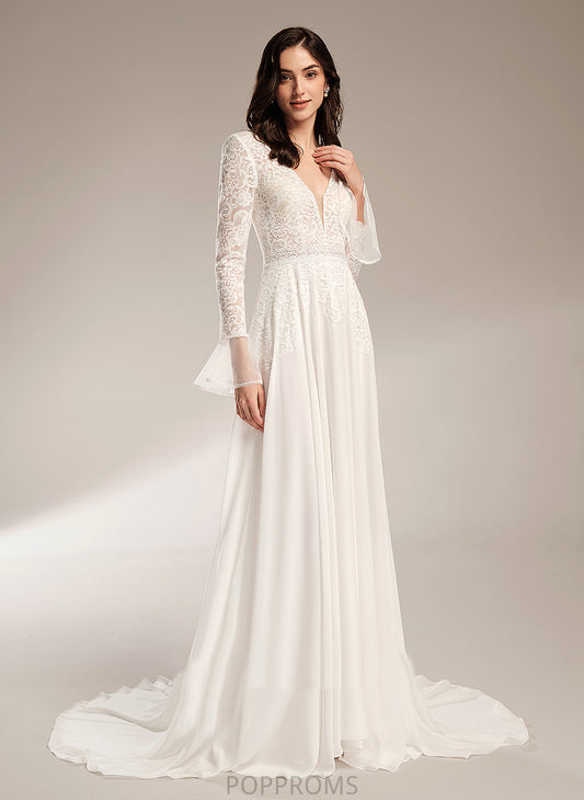 V-neck With Chiffon A-Line Lace Ruffle Wedding Train Dress Court Wedding Dresses Anabel