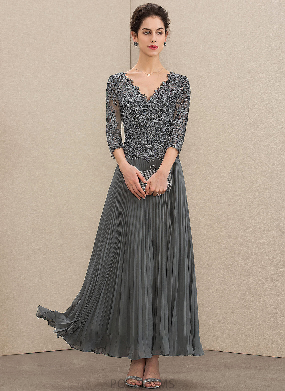 Dress Bride Sequins Mother A-Line Mother of the Bride Dresses Pleated of Chiffon Ankle-Length With Lace V-neck Ashlyn the