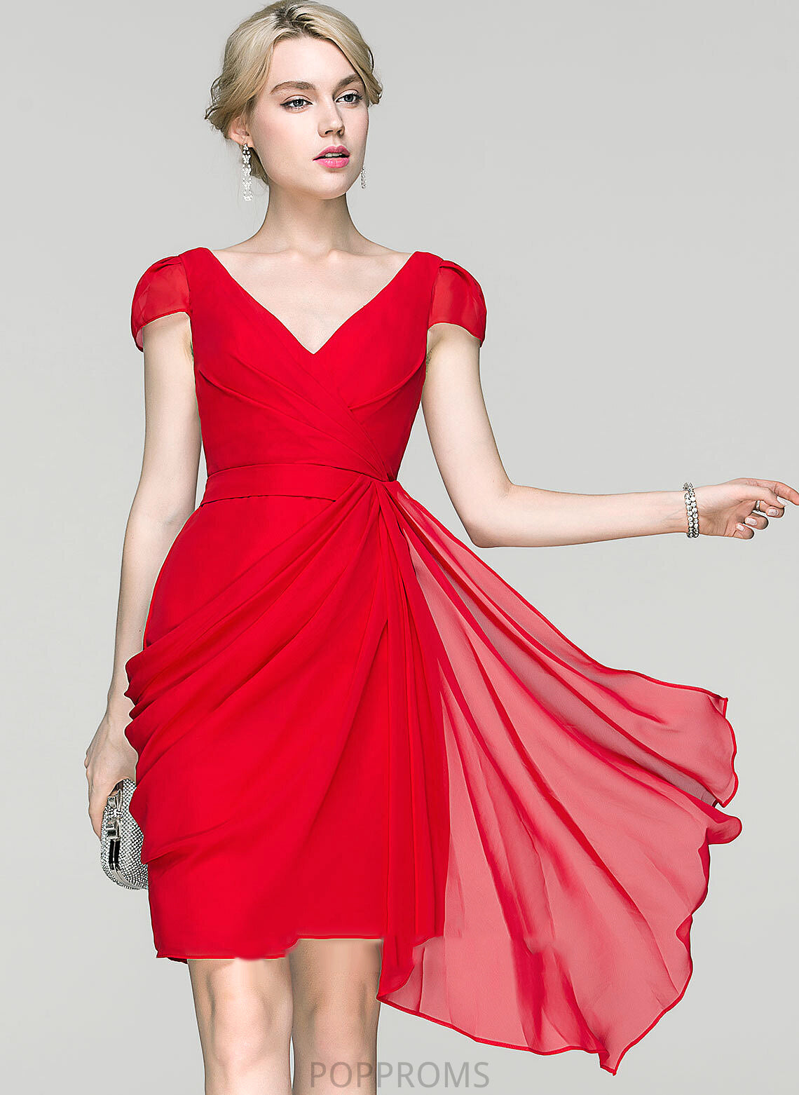 Cocktail Dresses Chiffon Cascading Sheath/Column With Cocktail Ruffles Knee-Length Helena Dress V-neck Ruffle