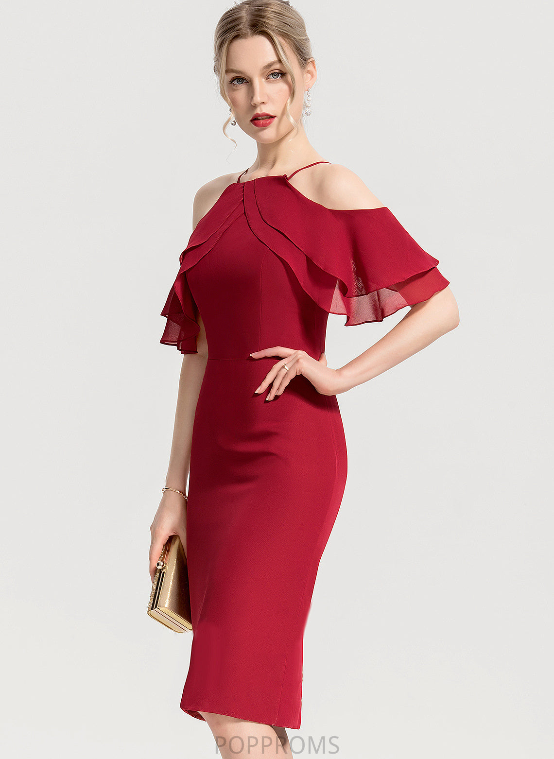 Dress Lilyana Sheath/Column Knee-Length Chiffon Ruffles Square Cocktail Cascading With Neckline Cocktail Dresses