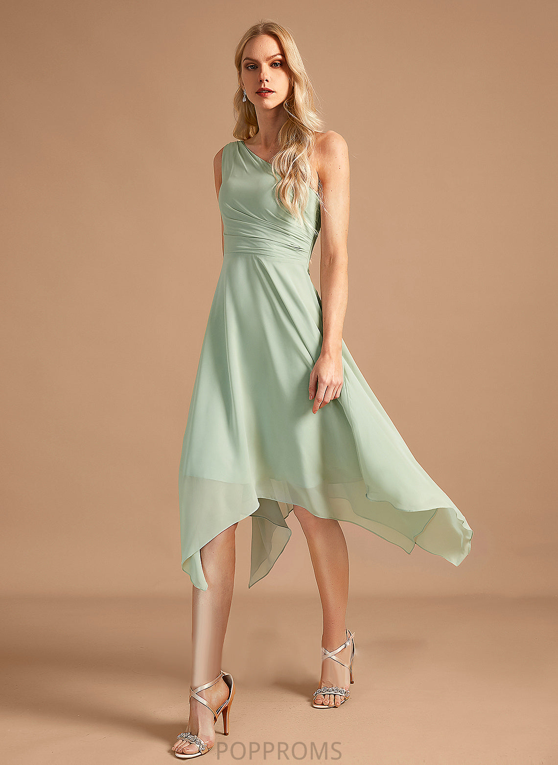 Ruffle A-Line One-Shoulder Fabric Length Neckline Asymmetrical Silhouette Embellishment Elliana Sleeveless Natural Waist Bridesmaid Dresses