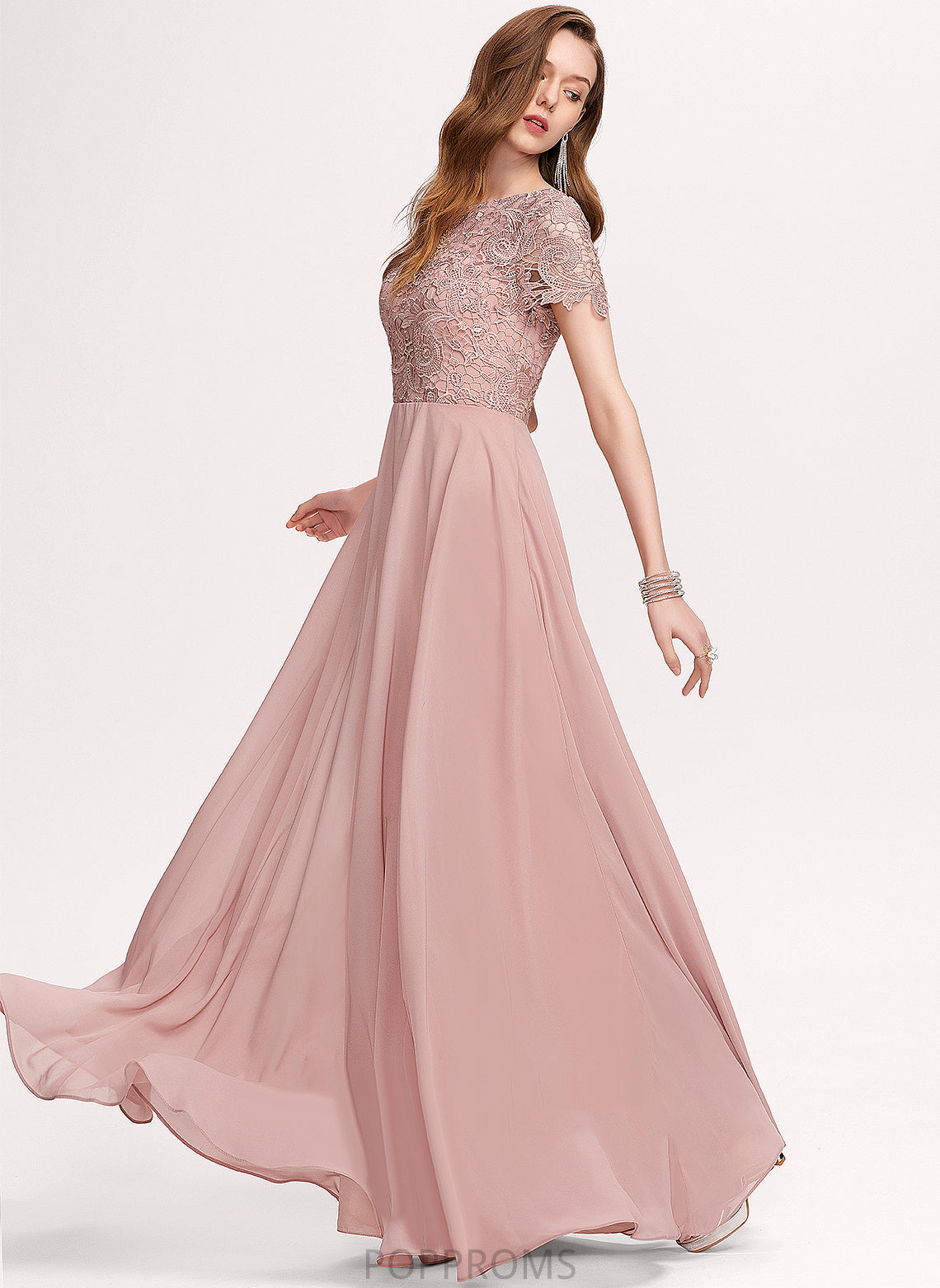 Lace A-Line Scoop Ginny Chiffon Floor-Length Prom Dresses With Sequins