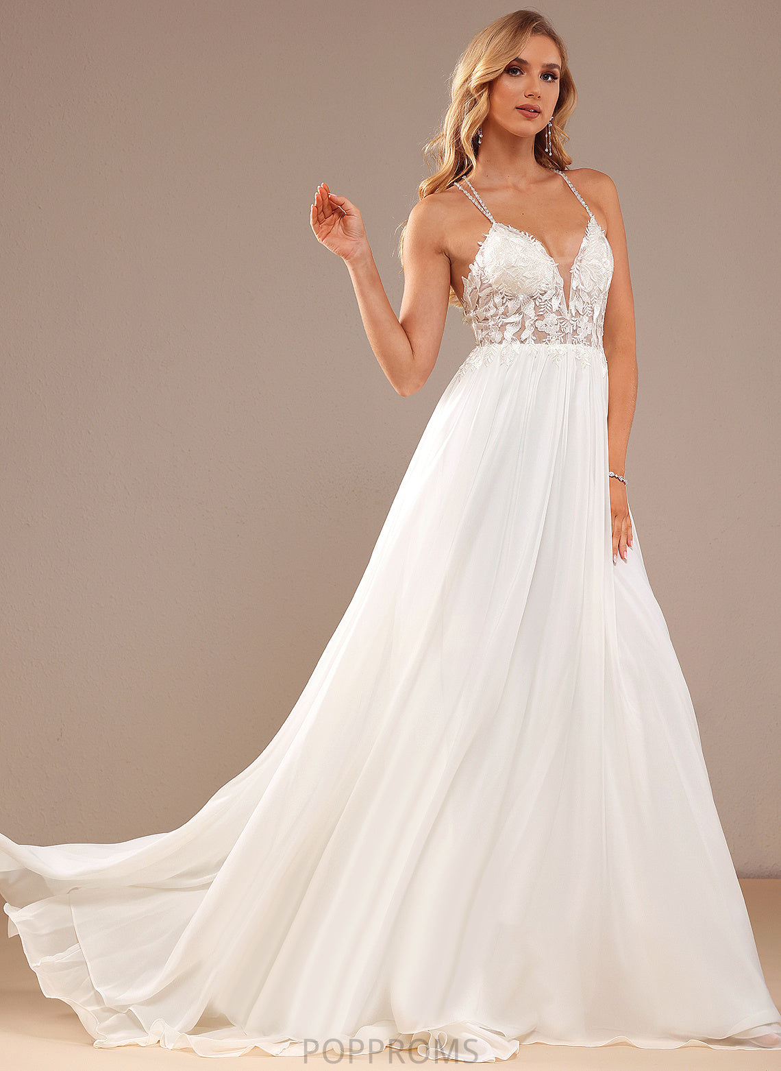 A-Line Dress V-neck Wedding Dresses Train Lace Alivia Sequins Wedding Chiffon Sweep With Beading