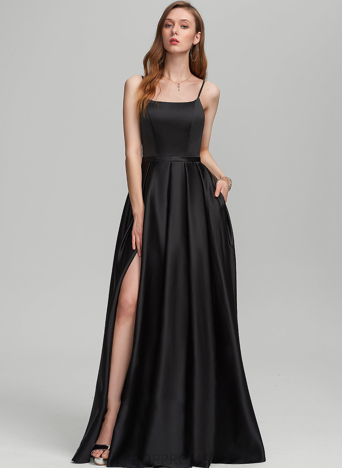 With Prom Dresses Neckline Janelle A-Line Pockets Floor-Length Front Satin Split Square