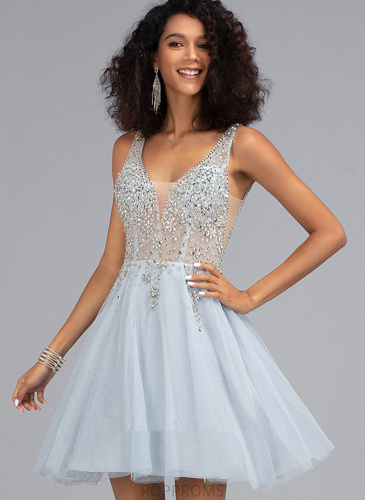 Tulle Homecoming Dresses V-neck Sequins Dress Short/Mini Beading With A-Line Homecoming Kenzie