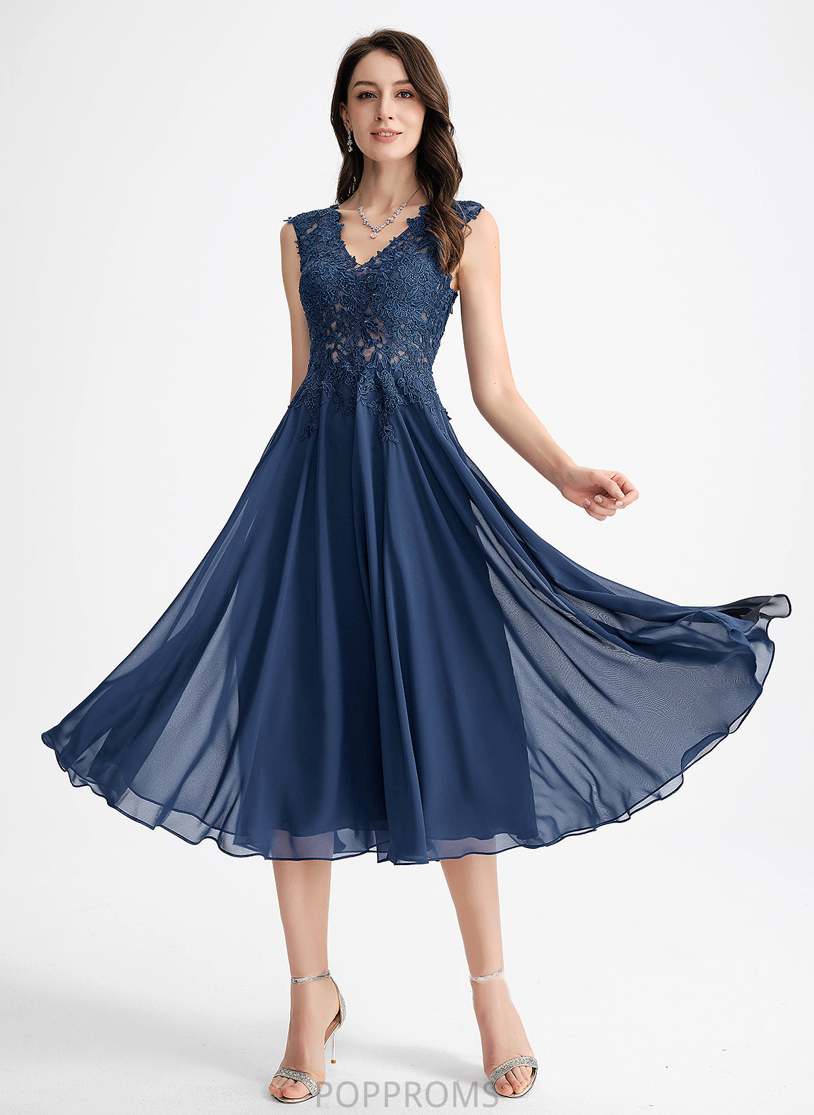 Alissa A-Line Cocktail Dresses Tea-Length Lace Cocktail Chiffon Dress V-neck