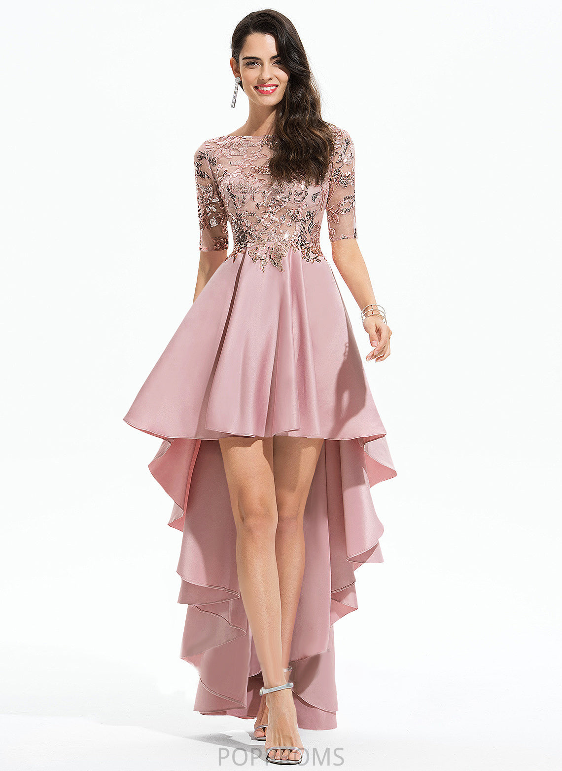 Ellie Lace A-Line Asymmetrical Sequins Satin Prom Dresses With Neck Scoop