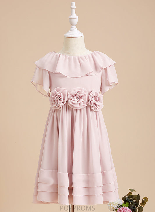 Ruffles/Flower(s)/V Short Dress Knee-length A-Line Sleeves Girl Chiffon Back Neck Juliana With - Flower Flower Girl Dresses Scoop