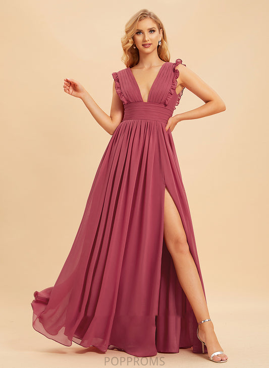 SplitFront Floor-Length Neckline Embellishment Length A-Line Fabric Ruffle Silhouette V-neck Cheyenne V-Neck Bridesmaid Dresses