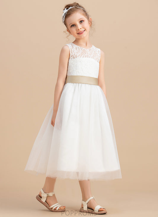 Scoop A-Line/Princess Hole Tulle/Lace Lilyana Sash/Bow(s)/Back Dress With Flower Girl Sleeveless - Tea-length Flower Girl Dresses Neck