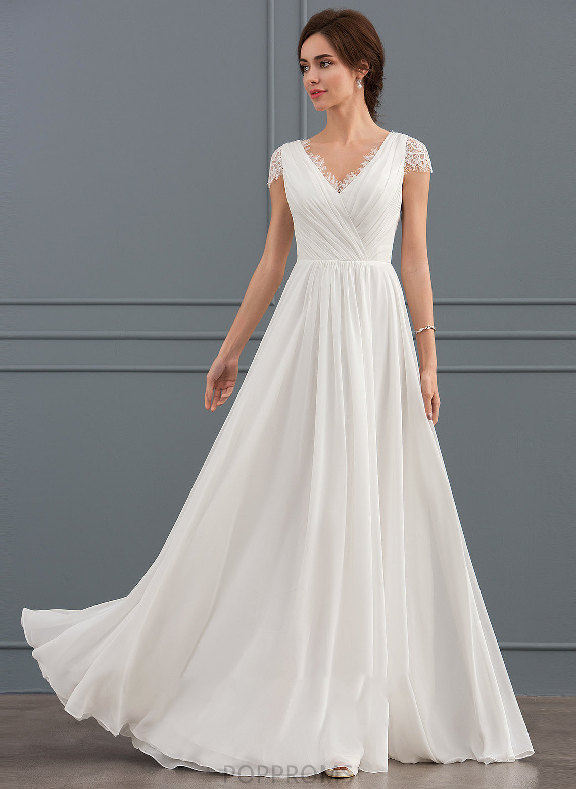 Wedding Dresses Ruffle Renee A-Line Chiffon Dress With V-neck Wedding Floor-Length Lace