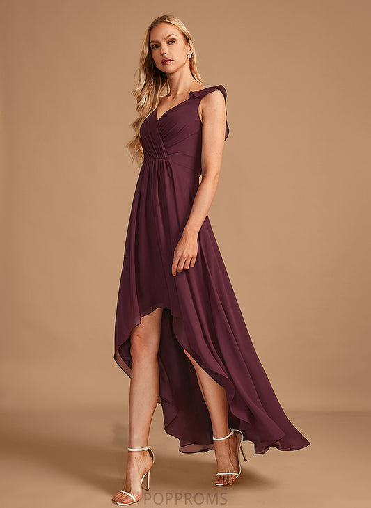 Ruffle Fabric Asymmetrical Length Embellishment V-neck Neckline A-Line Silhouette Polly Floor Length Spaghetti Staps Bridesmaid Dresses