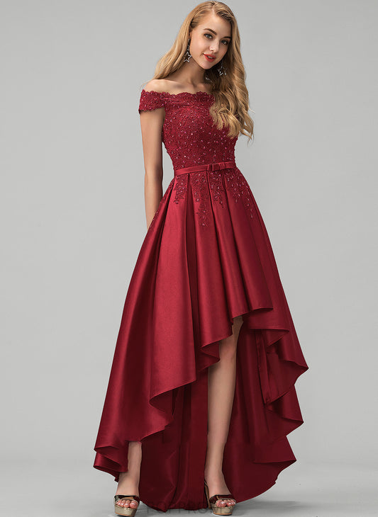 Satin Beading Off-the-Shoulder Bow(s) With Prom Dresses Sequins Asymmetrical Lace Cristina Ball-Gown/Princess