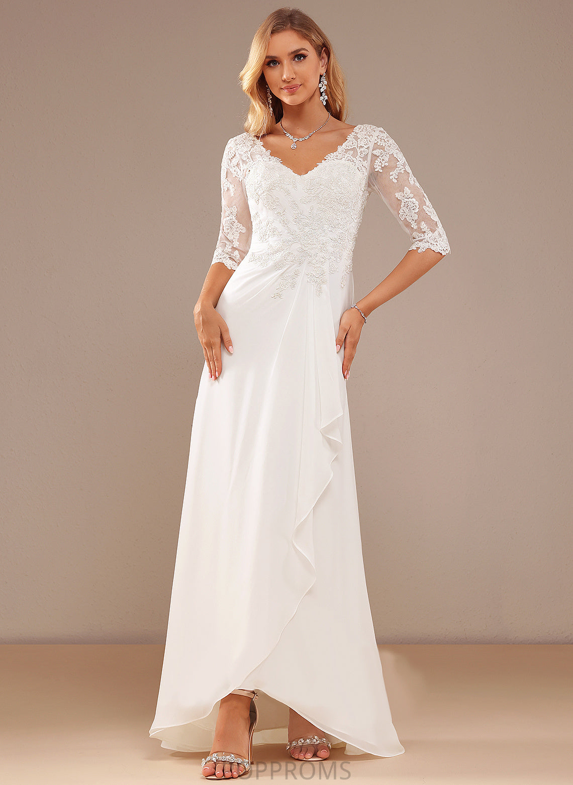 Lace Dress Ruffle Asymmetrical Chiffon With Wedding A-Line Lace Vivian V-neck Wedding Dresses