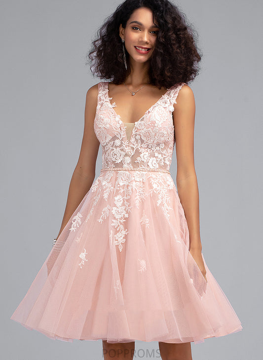 With Knee-Length Lace V-neck Dress A-Line Sequins Leyla Homecoming Dresses Beading Tulle Homecoming