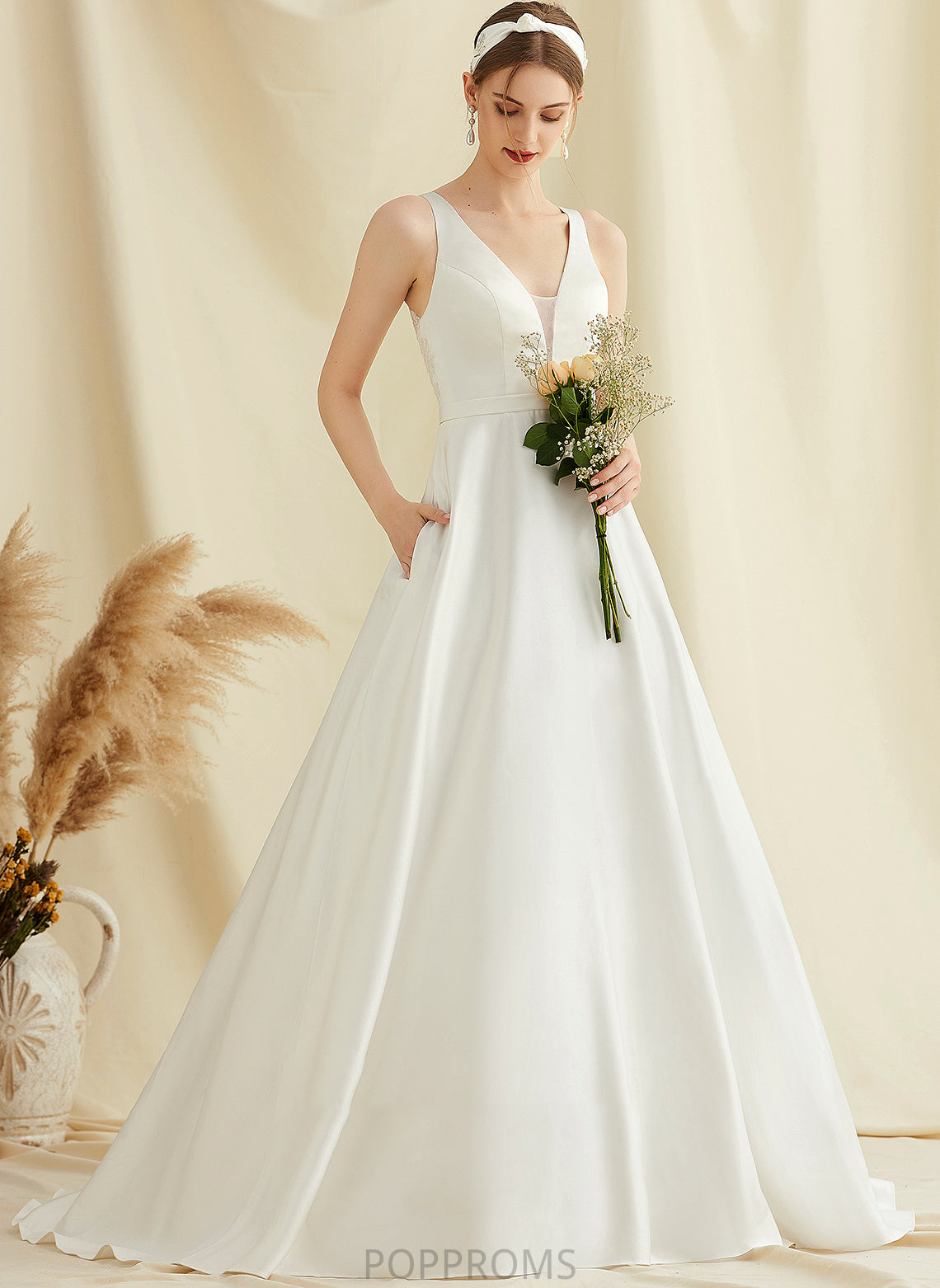 Ball-Gown/Princess Pockets Mylie Dress Satin Train Sweep With Lace Wedding Dresses Wedding V-neck