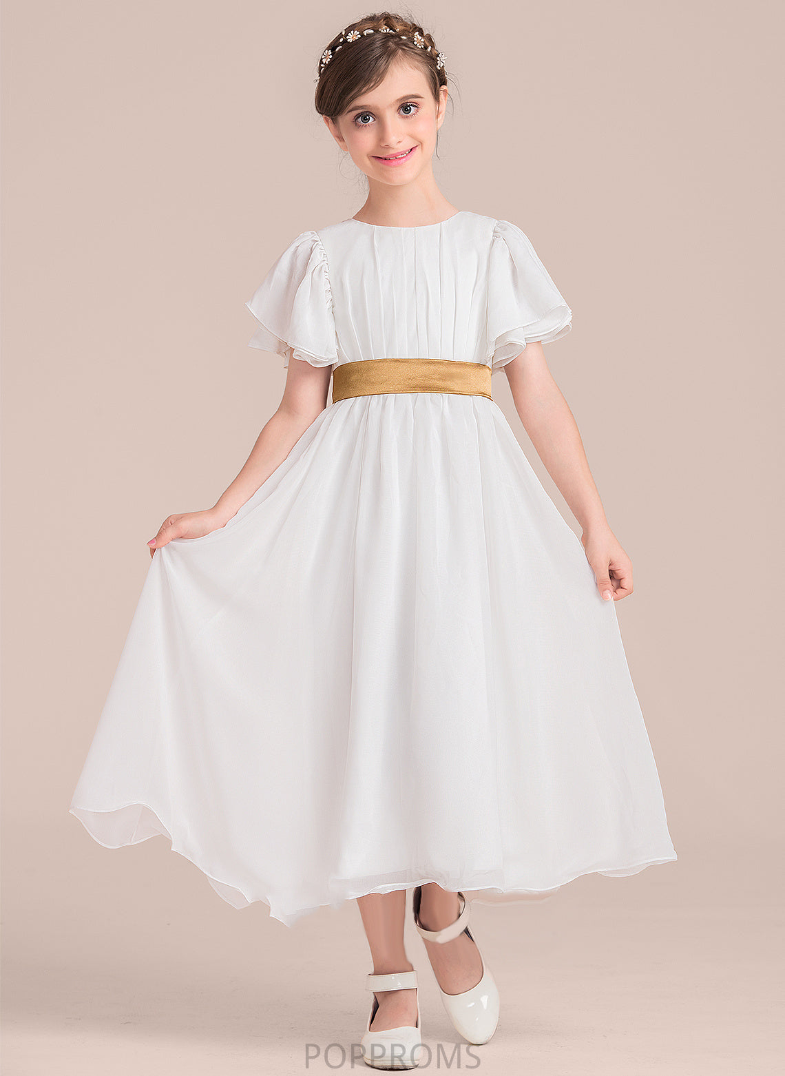 Neck Scoop Flower Girl Dresses Girl With Dress A-Line Sash Chiffon/Charmeuse - Short Sleeves Nyasia Tea-length Flower