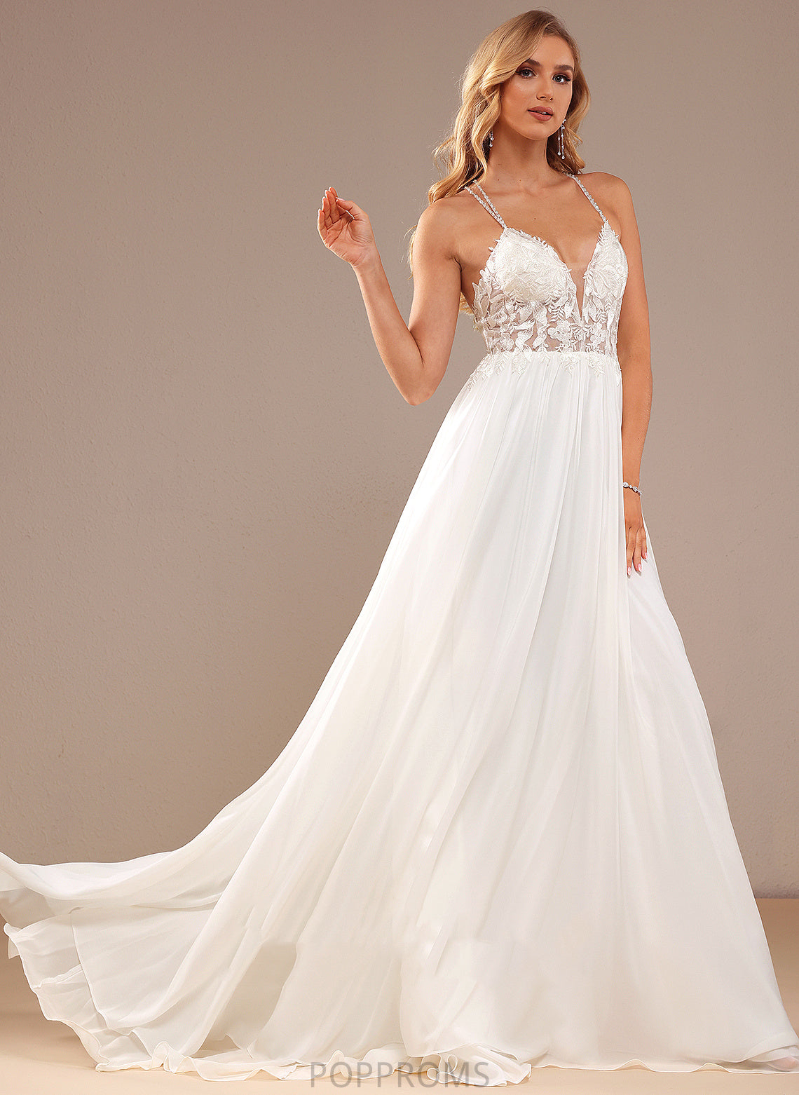 Wedding Dresses Wedding A-Line Dress Lace Train With Beading Camila Sweep Sequins Lace Chiffon V-neck