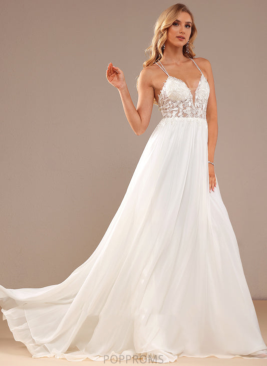 Wedding Dresses Wedding A-Line Dress Lace Train With Beading Camila Sweep Sequins Lace Chiffon V-neck