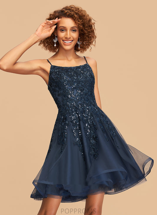 Beading Tulle A-Line Neckline Homecoming Short/Mini Homecoming Dresses Square Dress With Logan Lace Sequins