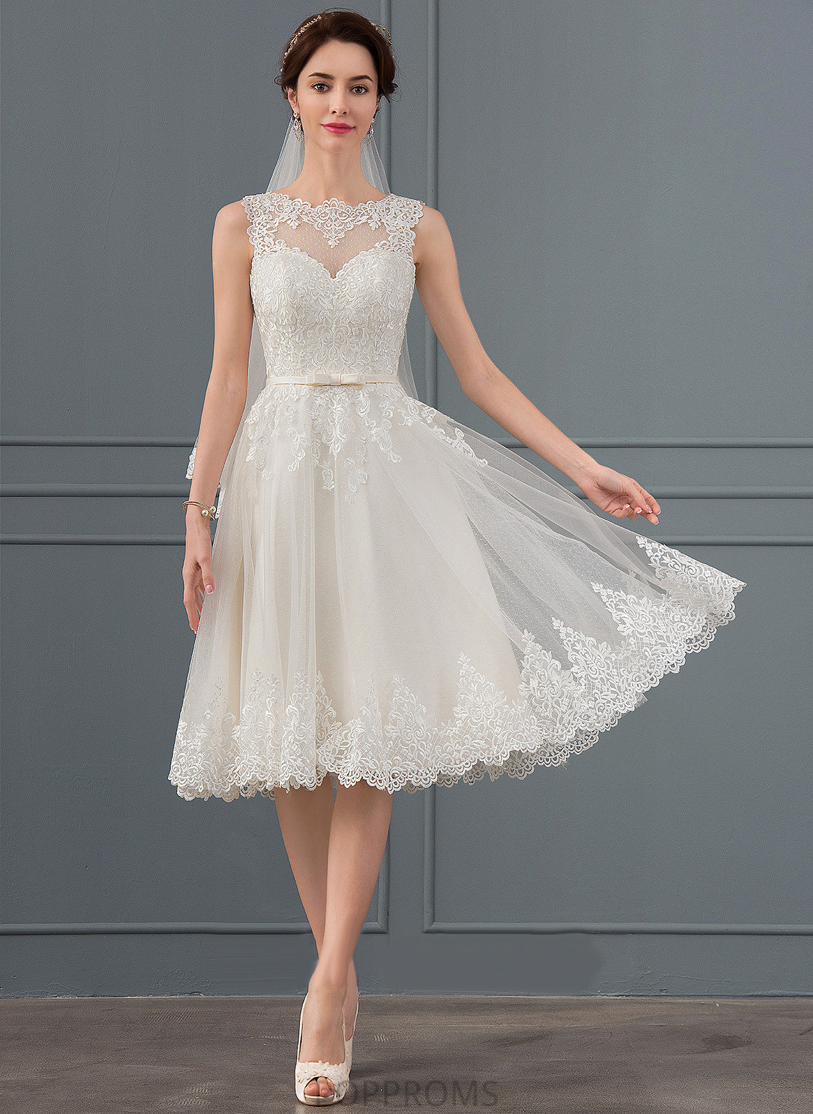 Lace Dress Wedding Bow(s) With Wedding Dresses Satin Tulle A-Line Emely Illusion Knee-Length