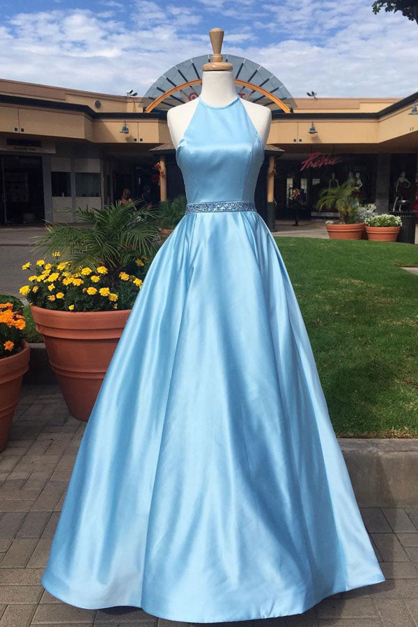 Blue A Line Floor Length Halter Sleeveless Beading Belt Prom Dresses