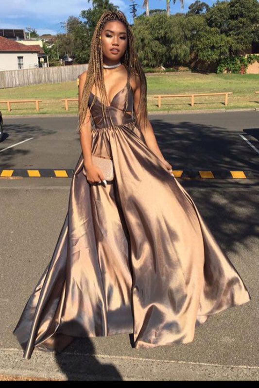 Gold A Line Floor Length Deep V Neck Sleeveless Open Back Prom Dresses