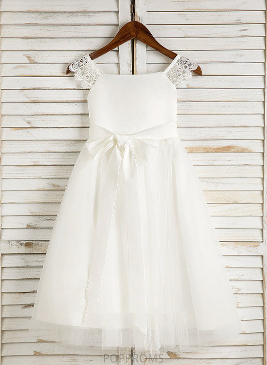 With Satin/Tulle Dress Flower Lace/Sash - Square Neckline Flower Girl Dresses Girl Tea-length A-Line Ellen Sleeveless