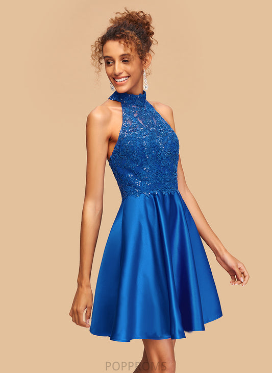 Neck A-Line Sequins Dress With Lace Homecoming Short/Mini High Satin Thelma Homecoming Dresses