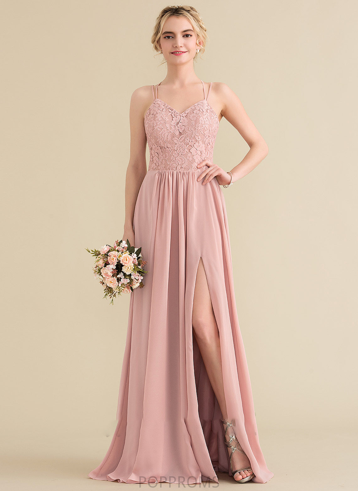 Lace Sweetheart Chiffon Front Crystal Prom Dresses Floor-Length Split With A-Line