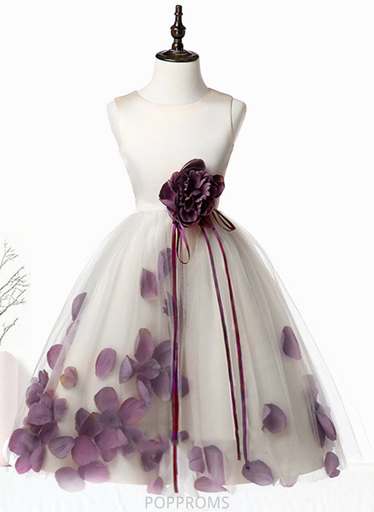 Scoop Sleeveless Flower Girl Dresses Satin/Tulle Flower Girl With Flower(s) Hortensia - Neck Dress A-Line Knee-length