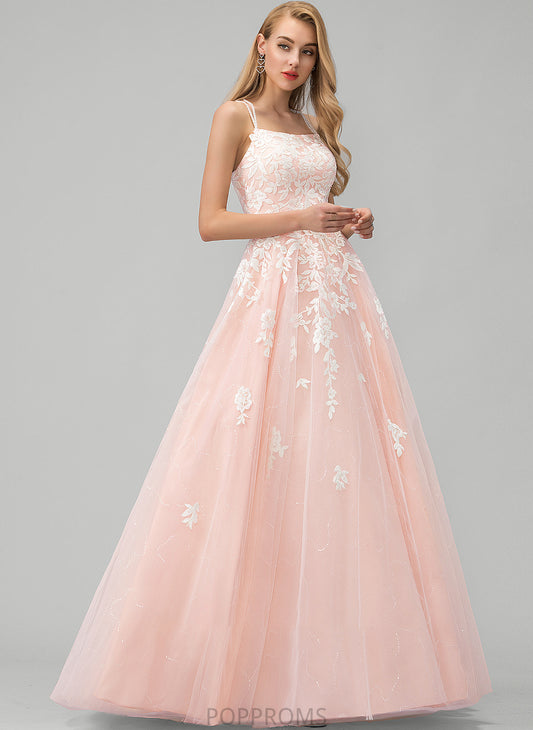 Prom Dresses Square Neckline Lace Floor-Length Ball-Gown/Princess Tulle With Saniya Sequins