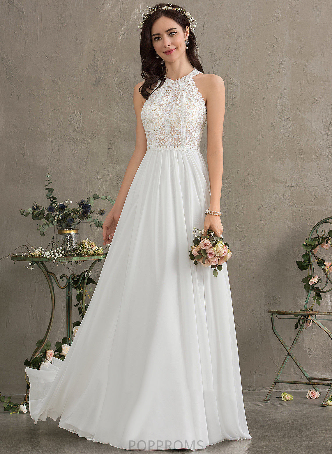 A-Line Chiffon Floor-Length Lace Wedding Neck Dress Harmony Scoop Wedding Dresses